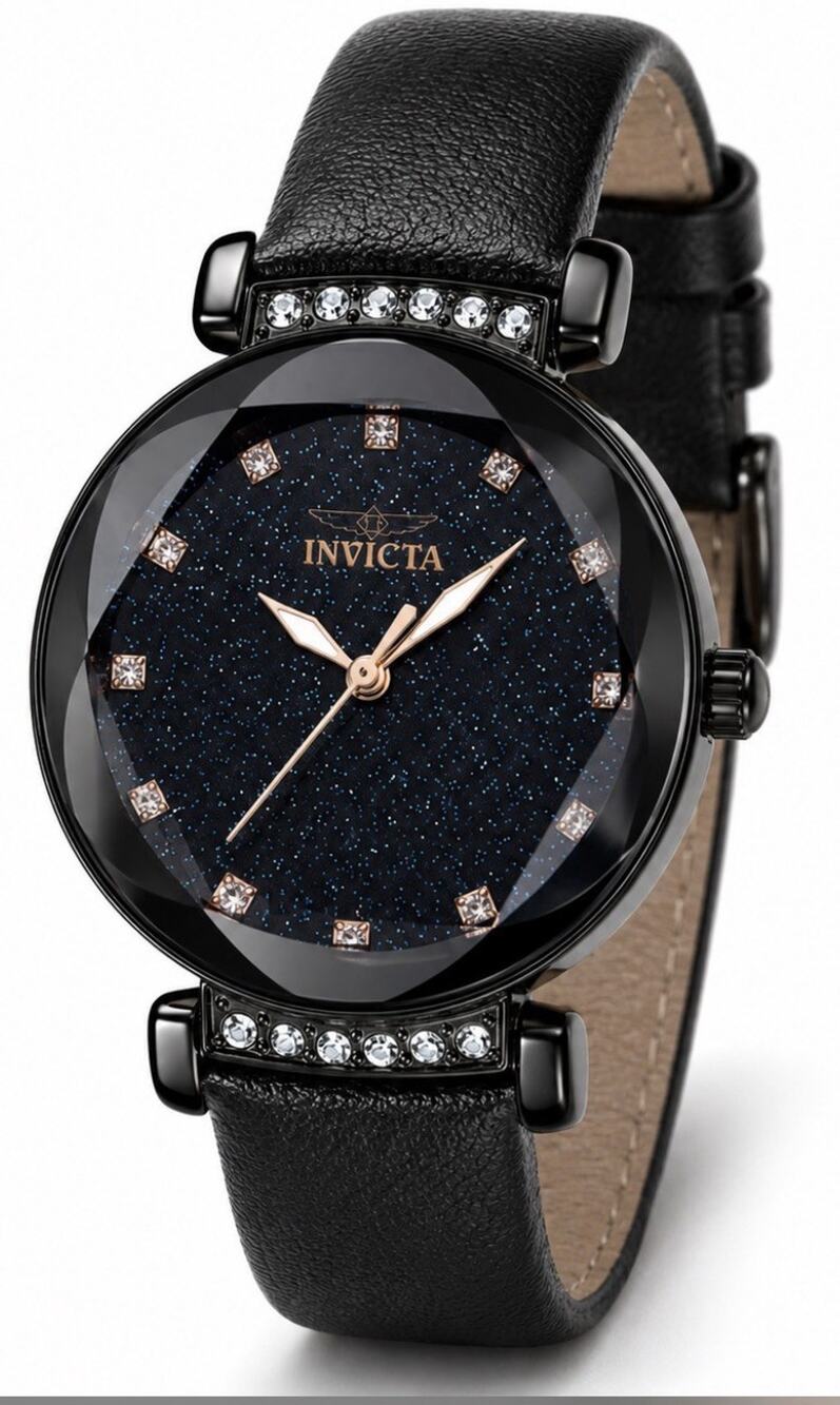 Invicta Celestial Women's Watch - 34mm, Black Leather Band, Glitter Dial 70334